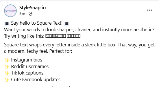 Facebook post displaying squared text